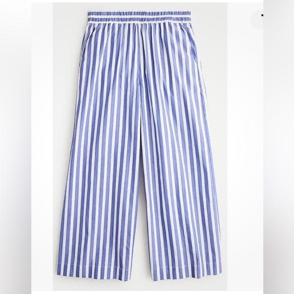 J Crew Womens Blue White Stripe Wide Leg Pull on Pants Cropped Beachy Nautical L - Picture 1 of 7